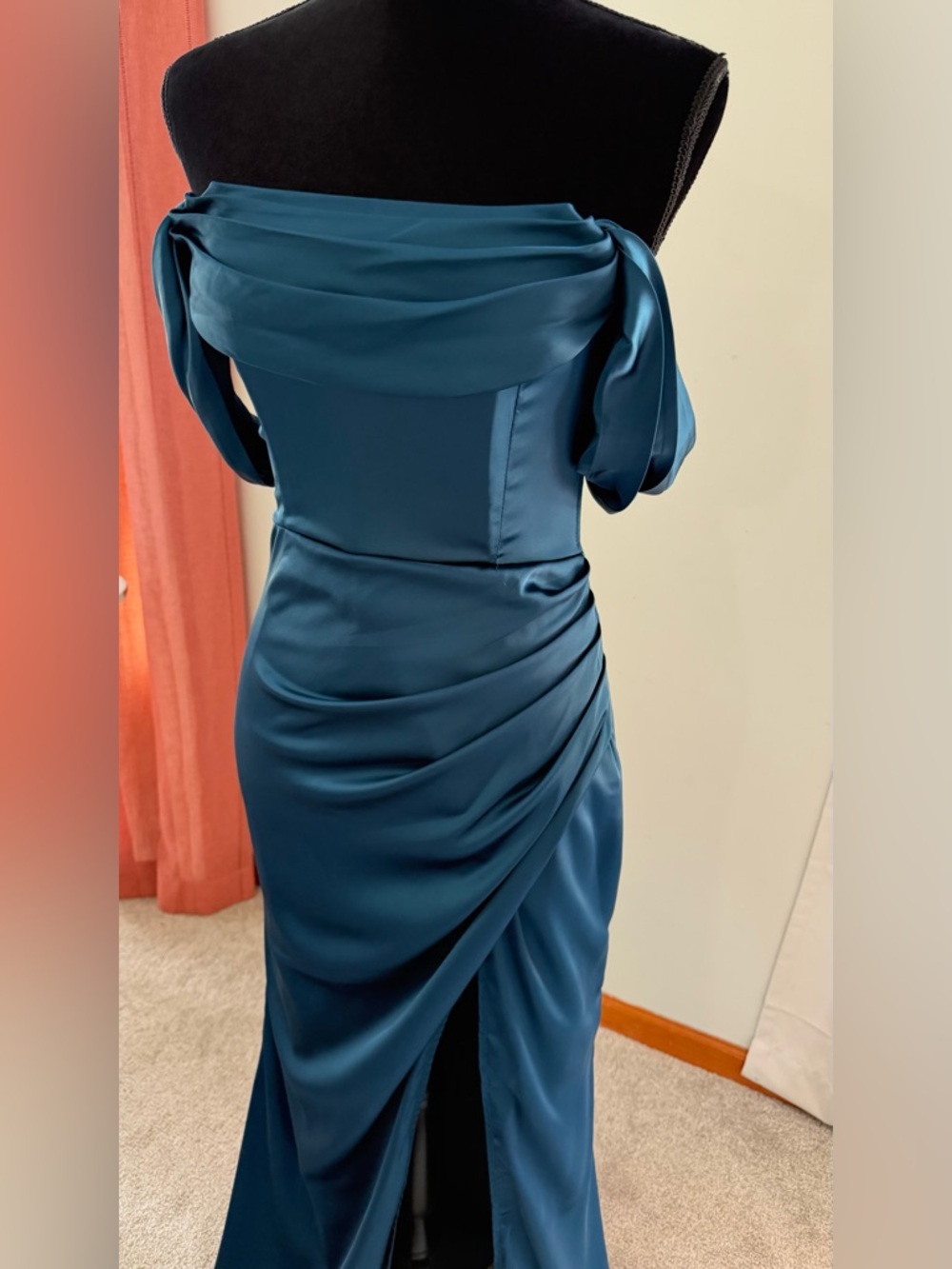 NWT Satin Dark Teal Off-Shoulder Front Leg Slit Formal Prom Dress Small - Picture 7 of 14